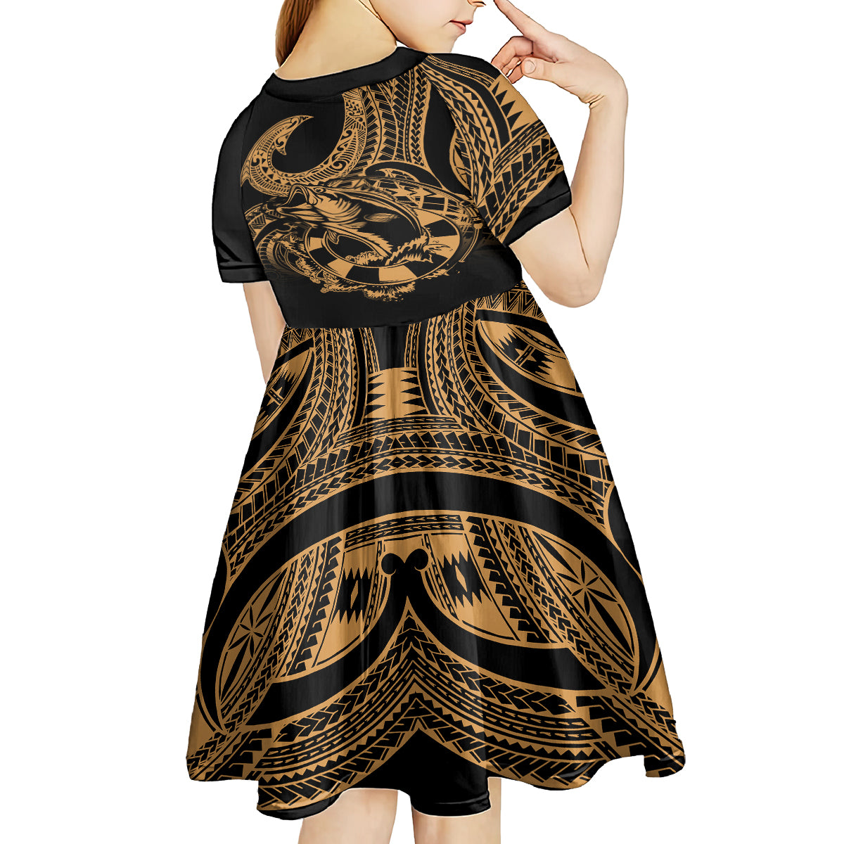 polynesia-kid-short-sleeve-dress-fish-hook-tattoo-go-fishing-polynesian-pattern-gold