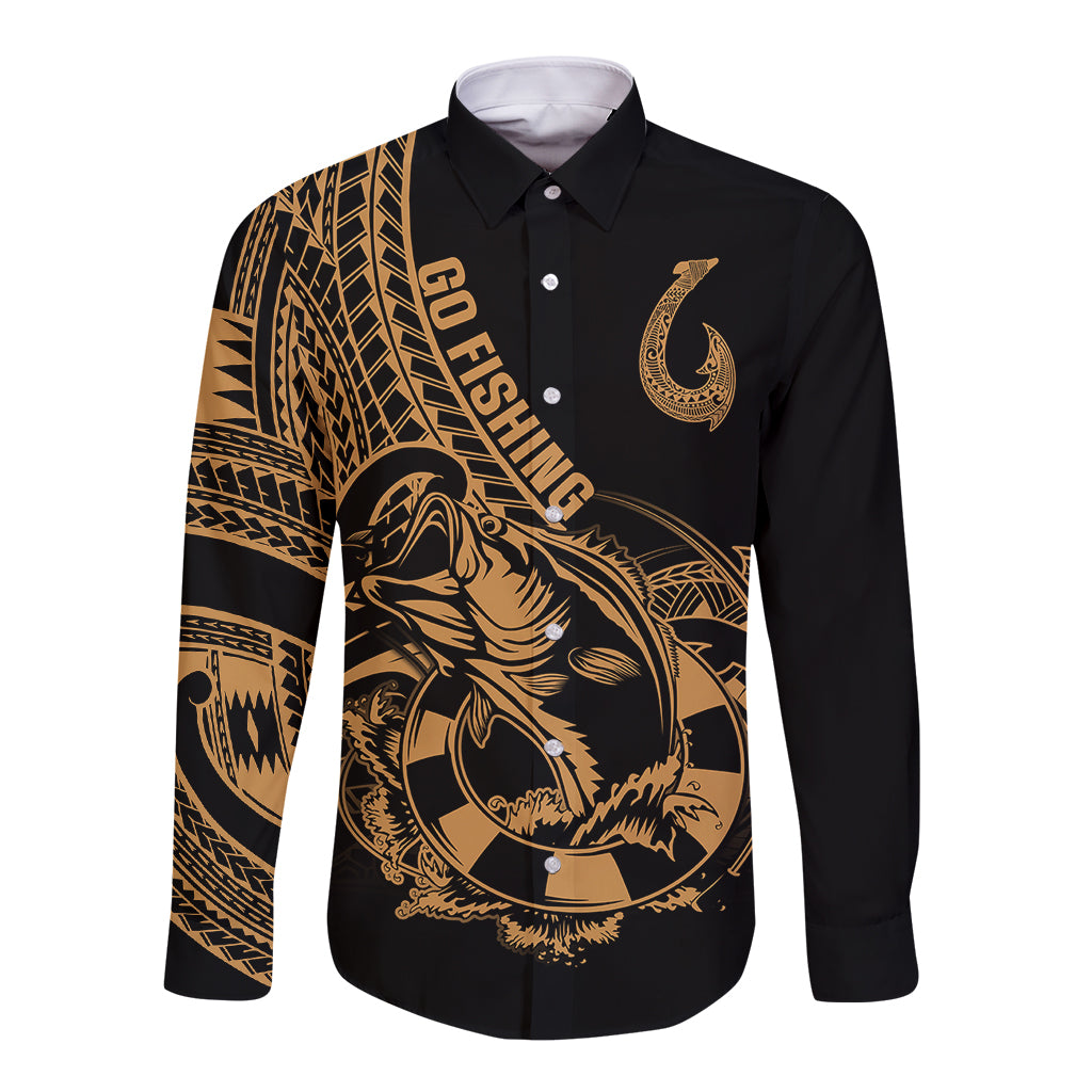 Polynesia Long Sleeve Button Shirt Fish Hook Tattoo Go Fishing Polynesian Pattern Gold LT14 Unisex Gold - Polynesian Pride
