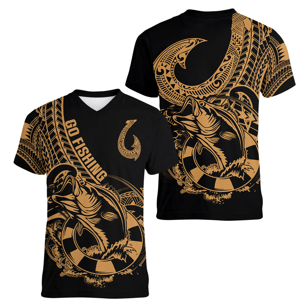 polynesia-women-v-neck-t-shirt-fish-hook-tattoo-go-fishing-polynesian-pattern-gold
