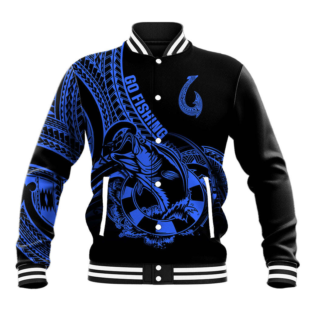Polynesia Baseball Jacket Fish Hook Tattoo Go Fishing Polynesian Pattern Blue LT14 Unisex Blue - Polynesian Pride