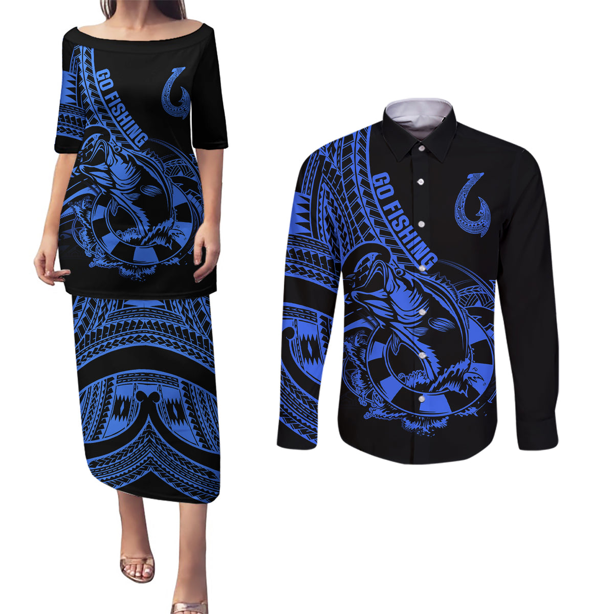polynesia-couples-matching-puletasi-dress-and-long-sleeve-button-shirts-fish-hook-tattoo-go-fishing-polynesian-pattern-blue