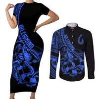 polynesia-couples-matching-short-sleeve-bodycon-dress-and-long-sleeve-button-shirts-fish-hook-tattoo-go-fishing-polynesian-pattern-blue