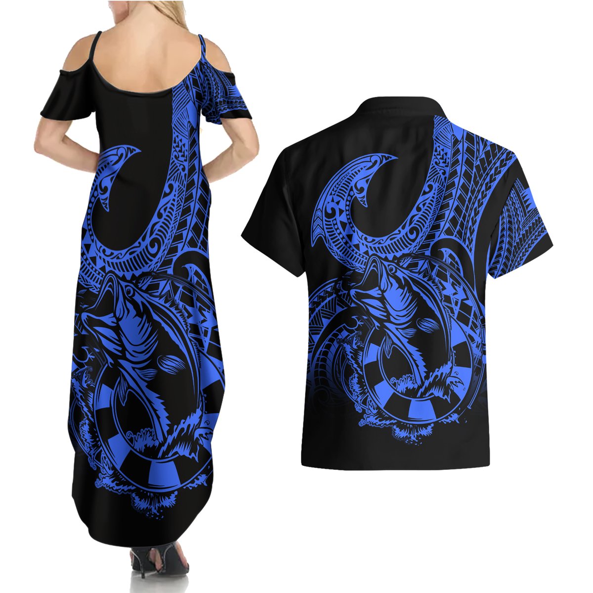 polynesia-couples-matching-summer-maxi-dress-and-hawaiian-shirt-fish-hook-tattoo-go-fishing-polynesian-pattern-blue