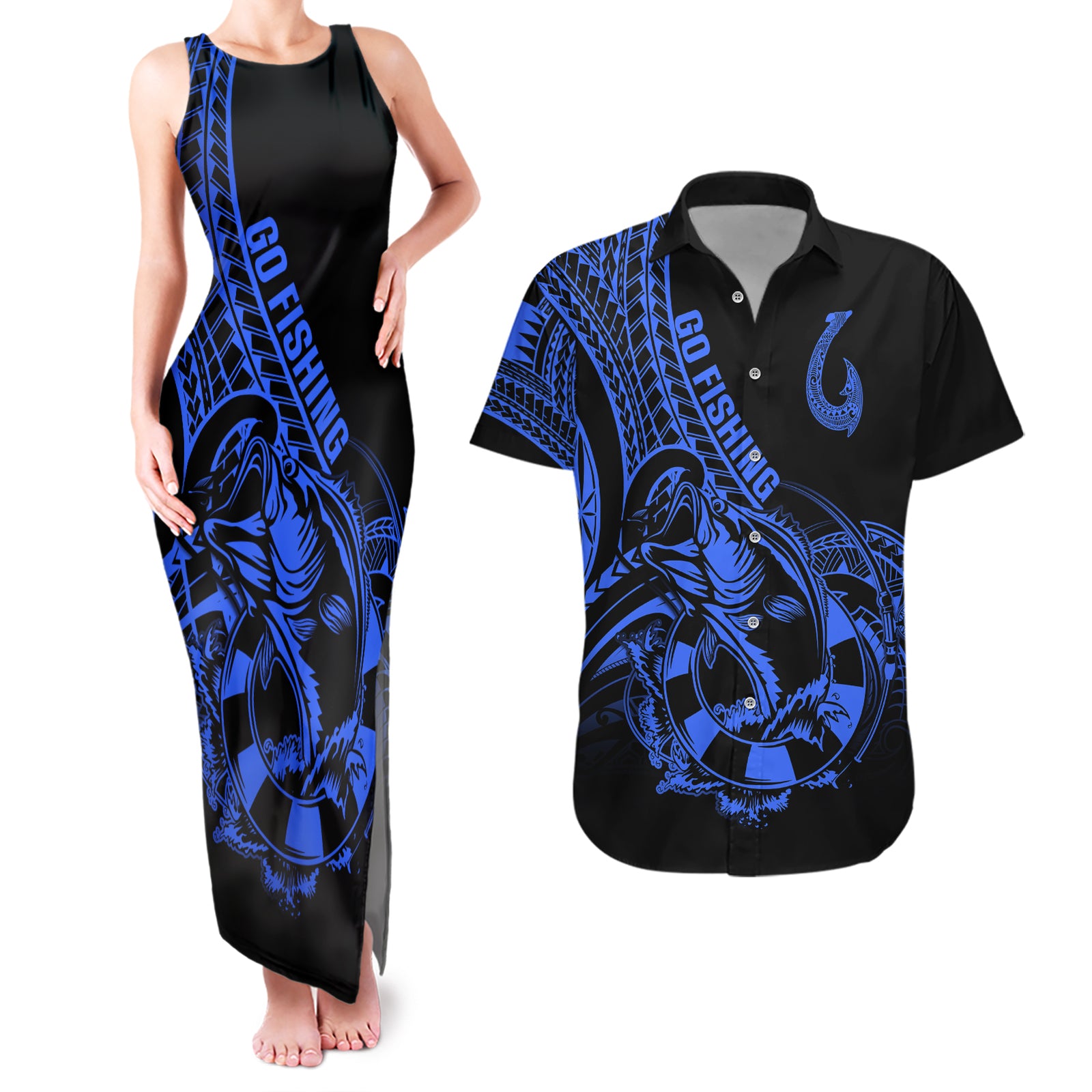 polynesia-couples-matching-tank-maxi-dress-and-hawaiian-shirt-fish-hook-tattoo-go-fishing-polynesian-pattern-blue