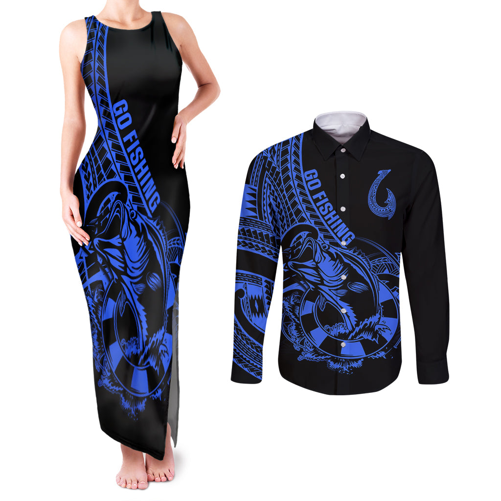 polynesia-couples-matching-tank-maxi-dress-and-long-sleeve-button-shirts-fish-hook-tattoo-go-fishing-polynesian-pattern-blue