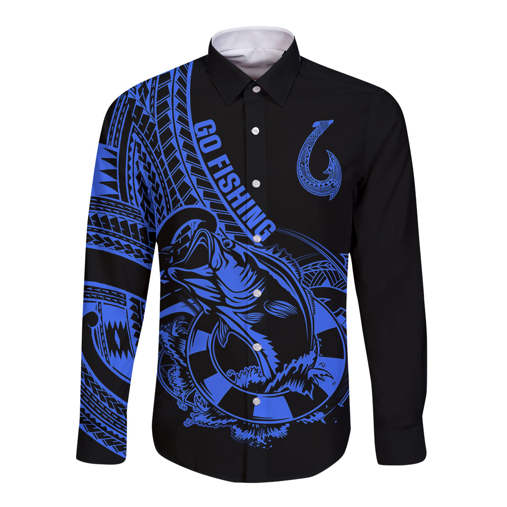 Polynesia Long Sleeve Button Shirt Fish Hook Tattoo Go Fishing Polynesian Pattern Blue LT14 Unisex Blue - Polynesian Pride