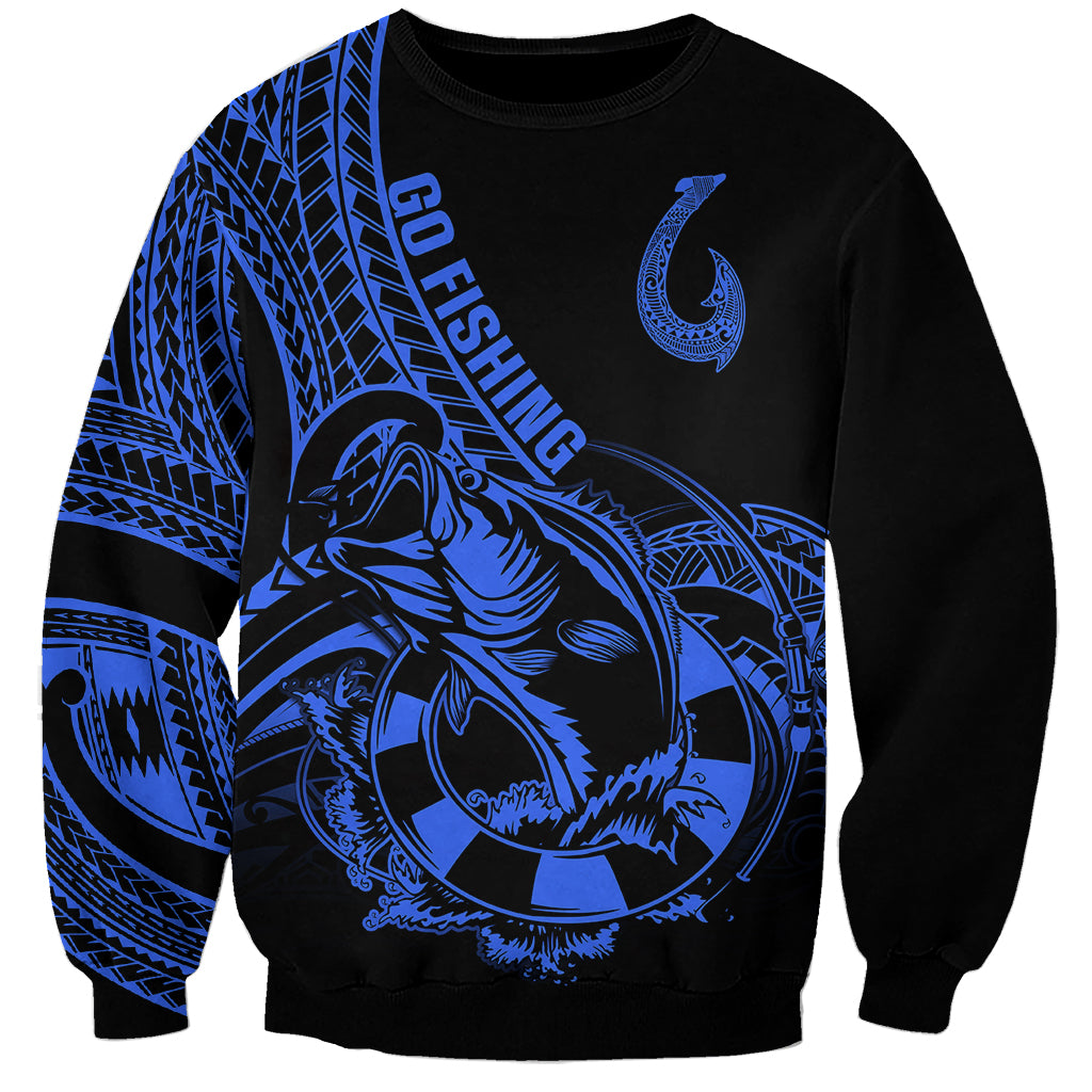 Polynesia Sweatshirt Fish Hook Tattoo Go Fishing Polynesian Pattern Blue LT14 Unisex Blue - Polynesian Pride