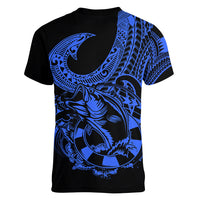 polynesia-women-v-neck-t-shirt-fish-hook-tattoo-go-fishing-polynesian-pattern-blue