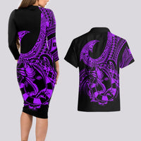 Polynesia Couples Matching Long Sleeve Bodycon Dress and Hawaiian Shirt Fish Hook Tattoo Go Fishing Polynesian Pattern Purple LT14 - Polynesian Pride
