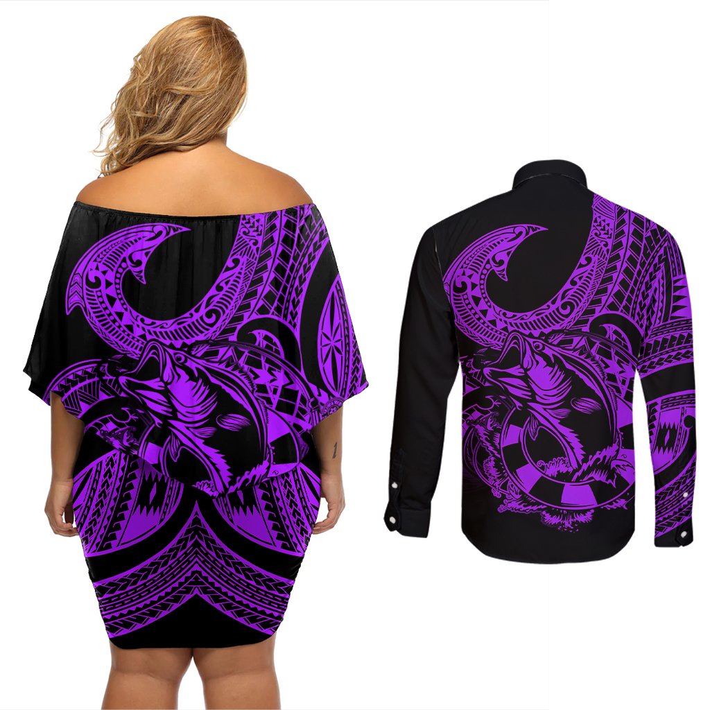 polynesia-couples-matching-off-shoulder-short-dress-and-long-sleeve-button-shirts-fish-hook-tattoo-go-fishing-polynesian-pattern-purple