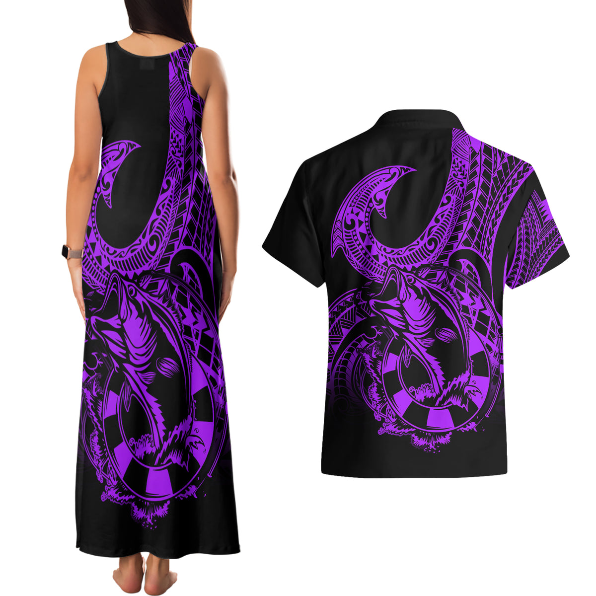 polynesia-couples-matching-tank-maxi-dress-and-hawaiian-shirt-fish-hook-tattoo-go-fishing-polynesian-pattern-purple