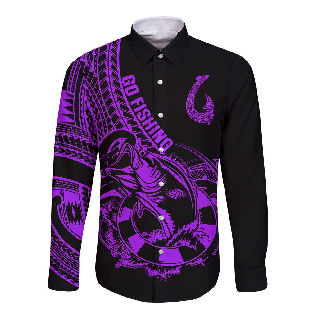Polynesia Long Sleeve Button Shirt Fish Hook Tattoo Go Fishing Polynesian Pattern Purple LT14 Unisex Purple - Polynesian Pride
