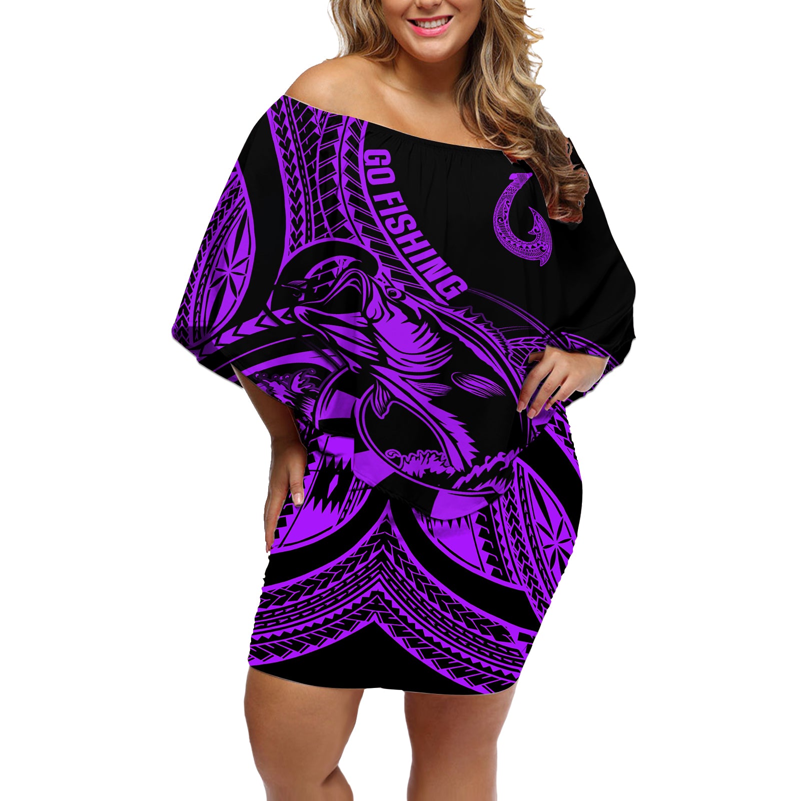 polynesia-off-shoulder-short-dress-fish-hook-tattoo-go-fishing-polynesian-pattern-purple