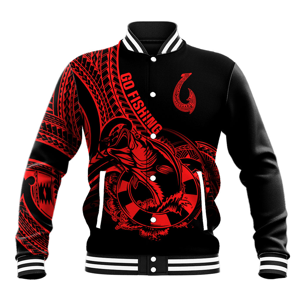 Polynesia Baseball Jacket Fish Hook Tattoo Go Fishing Polynesian Pattern Red LT14 Unisex Red - Polynesian Pride