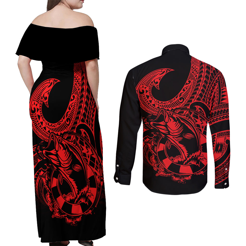 polynesia-couples-matching-off-shoulder-maxi-dress-and-long-sleeve-button-shirts-fish-hook-tattoo-go-fishing-polynesian-pattern-red