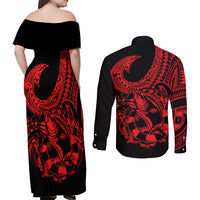 polynesia-couples-matching-off-shoulder-maxi-dress-and-long-sleeve-button-shirts-fish-hook-tattoo-go-fishing-polynesian-pattern-red