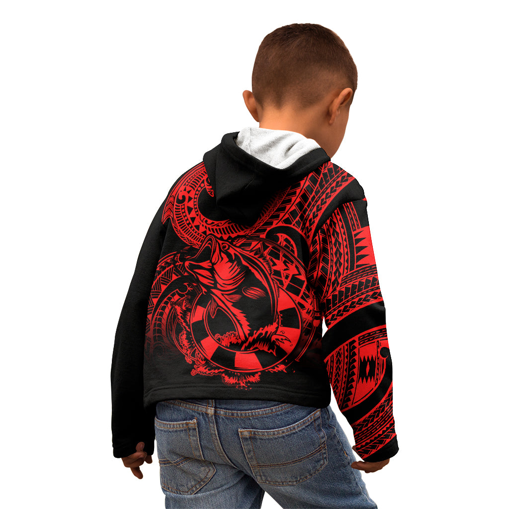 Polynesia Kid Hoodie Fish Hook Tattoo Go Fishing Polynesian Pattern Red LT14 - Polynesian Pride