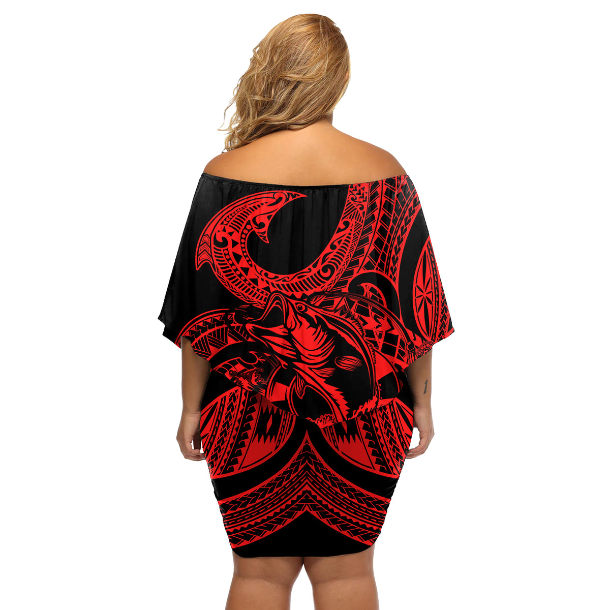 polynesia-off-shoulder-short-dress-fish-hook-tattoo-go-fishing-polynesian-pattern-red