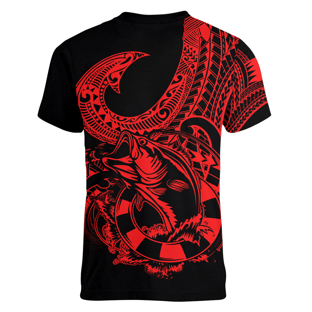 polynesia-women-v-neck-t-shirt-fish-hook-tattoo-go-fishing-polynesian-pattern-red