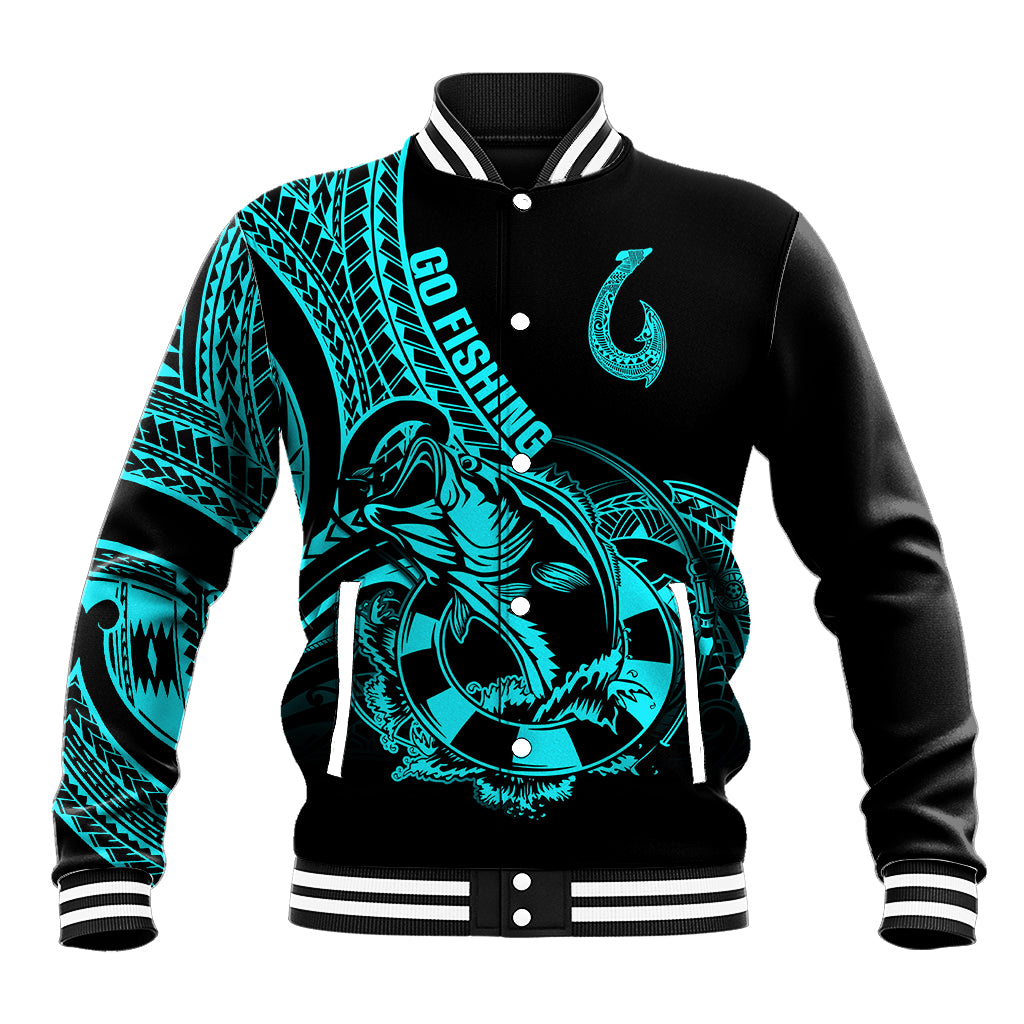 Polynesia Baseball Jacket Fish Hook Tattoo Go Fishing Polynesian Pattern Turquosie LT14 Unisex Turquoise - Polynesian Pride