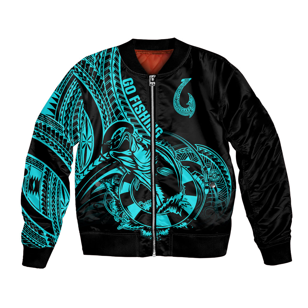 Polynesia Bomber Jacket Fish Hook Tattoo Go Fishing Polynesian Pattern Turquosie LT14 Unisex Turquoise - Polynesian Pride