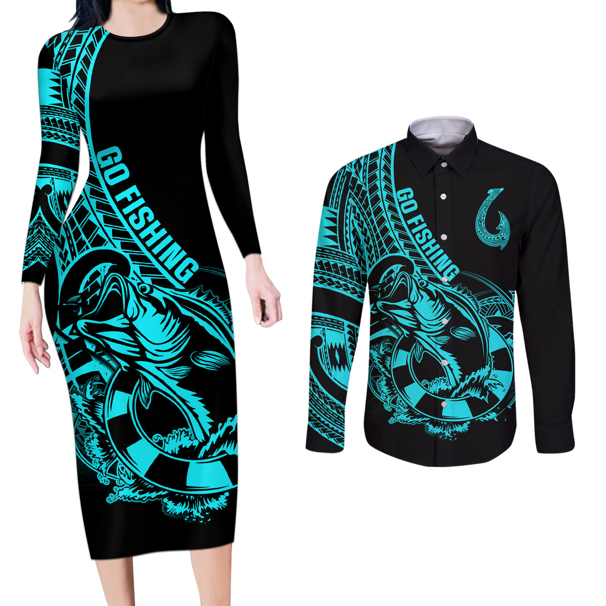 Polynesia Couples Matching Long Sleeve Bodycon Dress and Long Sleeve Button Shirts Fish Hook Tattoo Go Fishing Polynesian Pattern Turquosie LT14 Turquoise - Polynesian Pride