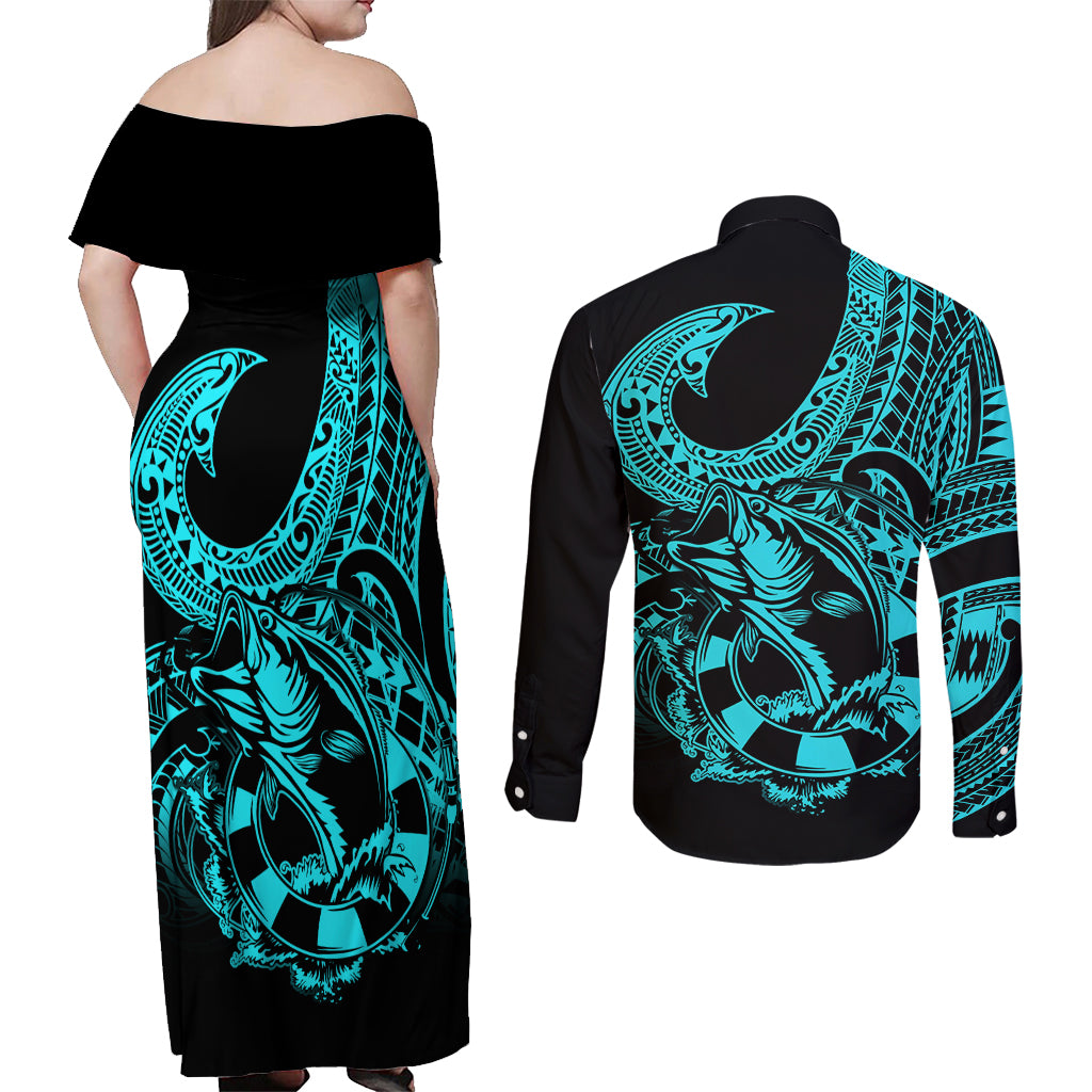 polynesia-couples-matching-off-shoulder-maxi-dress-and-long-sleeve-button-shirts-fish-hook-tattoo-go-fishing-polynesian-pattern-turquosie