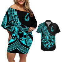 polynesia-couples-matching-off-shoulder-short-dress-and-hawaiian-shirt-fish-hook-tattoo-go-fishing-polynesian-pattern-turquosie