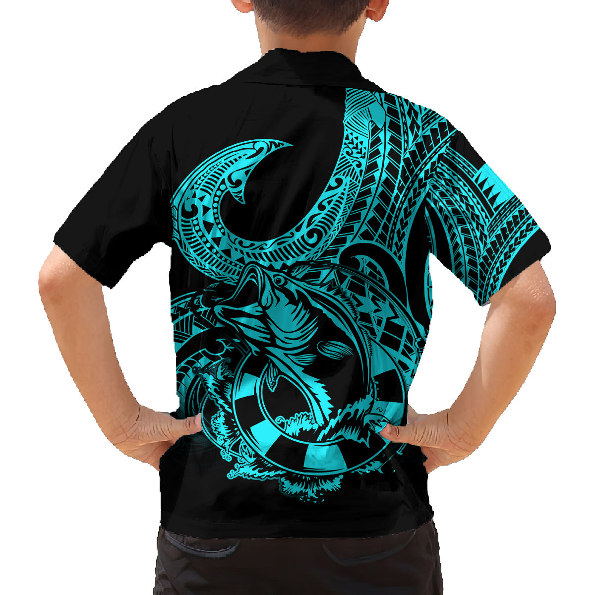 polynesia-family-matching-long-sleeve-bodycon-dress-and-hawaiian-shirt-fish-hook-tattoo-go-fishing-polynesian-pattern-turquosie