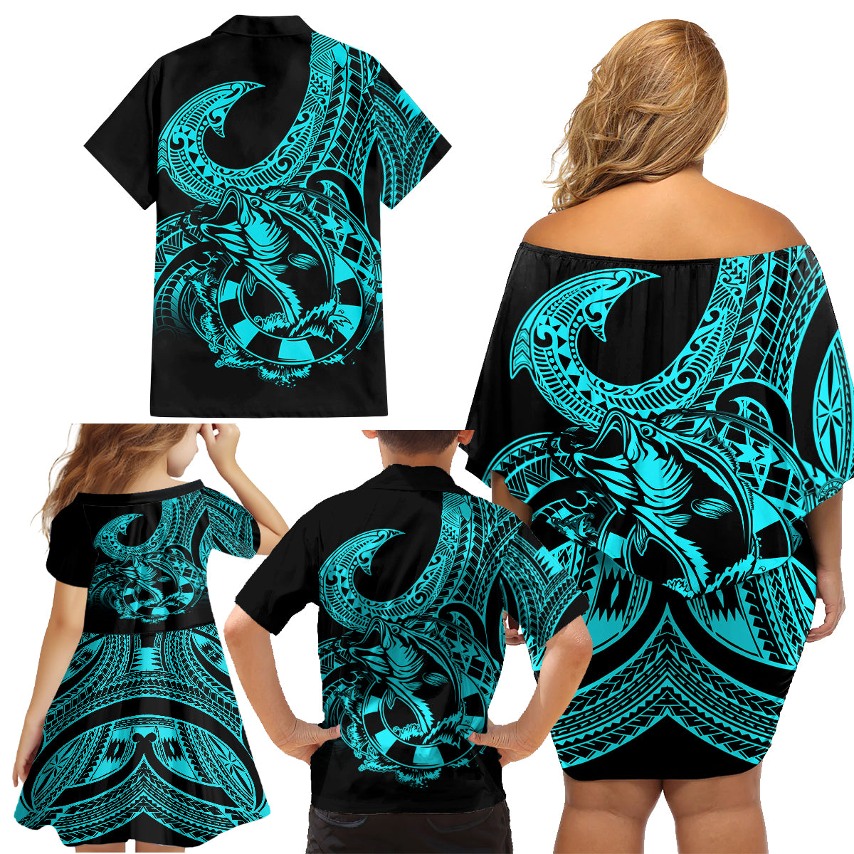 polynesia-family-matching-off-shoulder-short-dress-and-hawaiian-shirt-fish-hook-tattoo-go-fishing-polynesian-pattern-turquosie