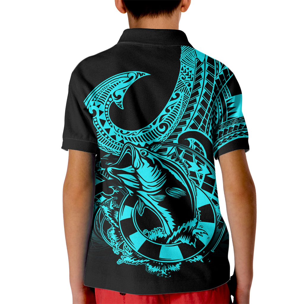 Polynesia Kid Polo Shirt Fish Hook Tattoo Go Fishing Polynesian Pattern Turquosie LT14 - Polynesian Pride