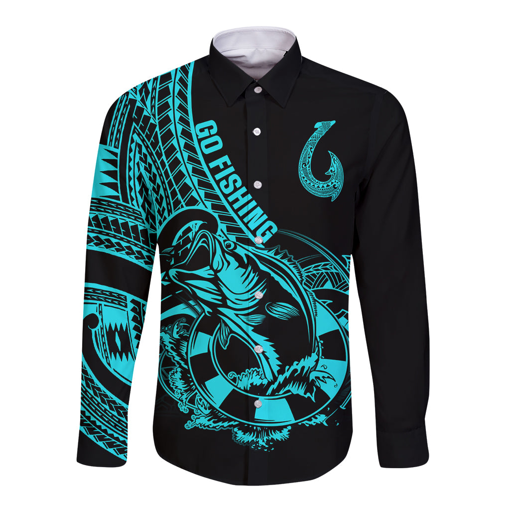 Polynesia Long Sleeve Button Shirt Fish Hook Tattoo Go Fishing Polynesian Pattern Turquosie LT14 Unisex Turquoise - Polynesian Pride