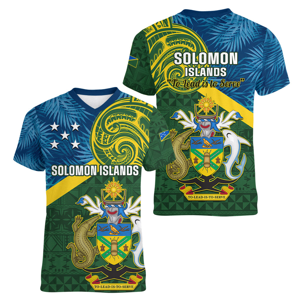 solomon-islands-women-v-neck-t-shirt-tropical-leaves-with-melanesian-pattern