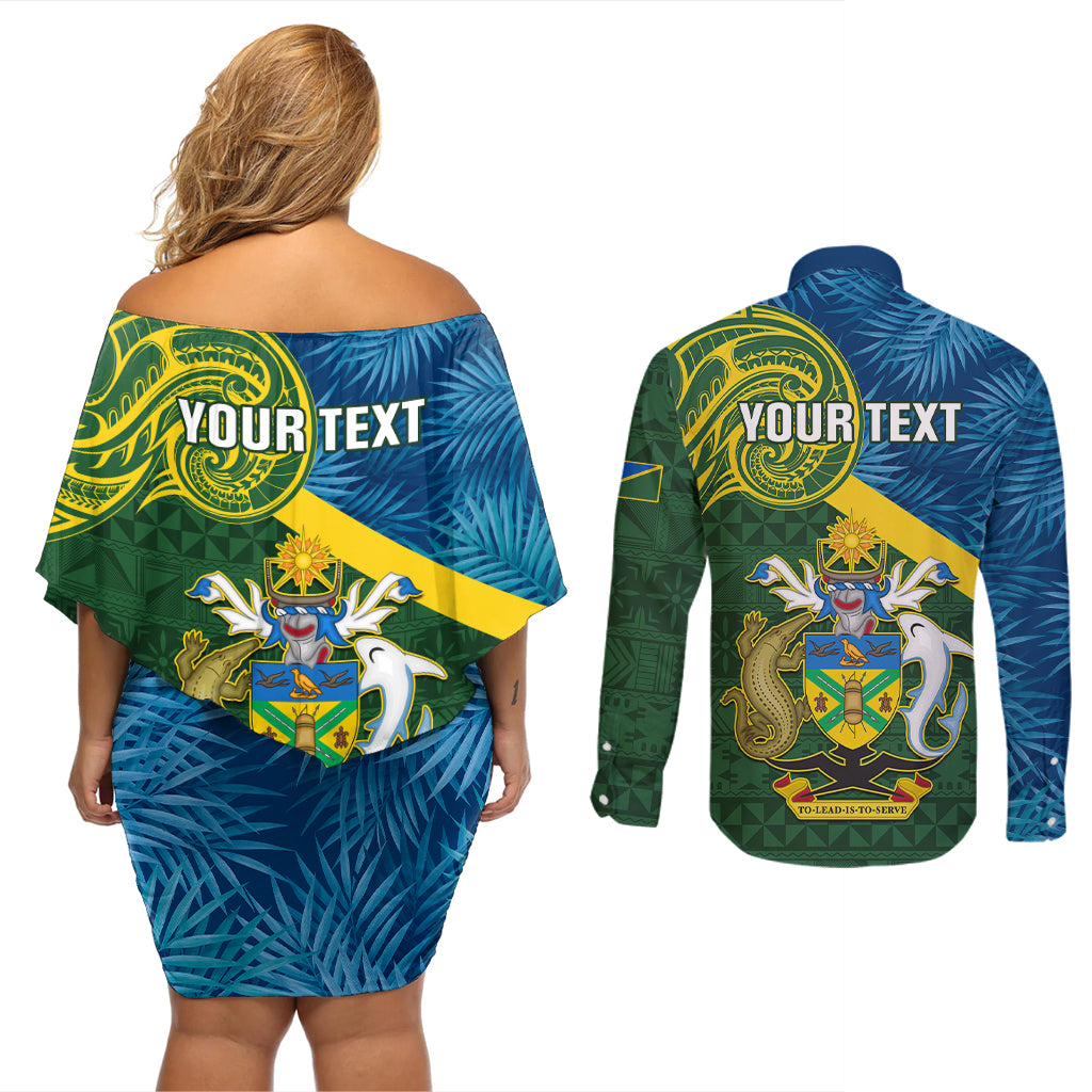 Personalised Solomon Islands Couples Matching Off Shoulder Short Dress and Long Sleeve Button Shirts Tropical Leaves With Melanesian Pattern LT14 - Polynesian Pride