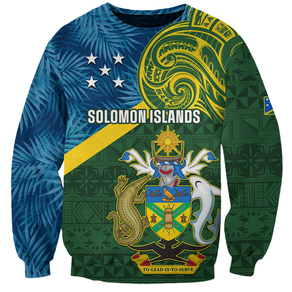 Personalised Solomon Islands Sweatshirt Tropical Leaves With Melanesian Pattern LT14 Unisex Green - Polynesian Pride