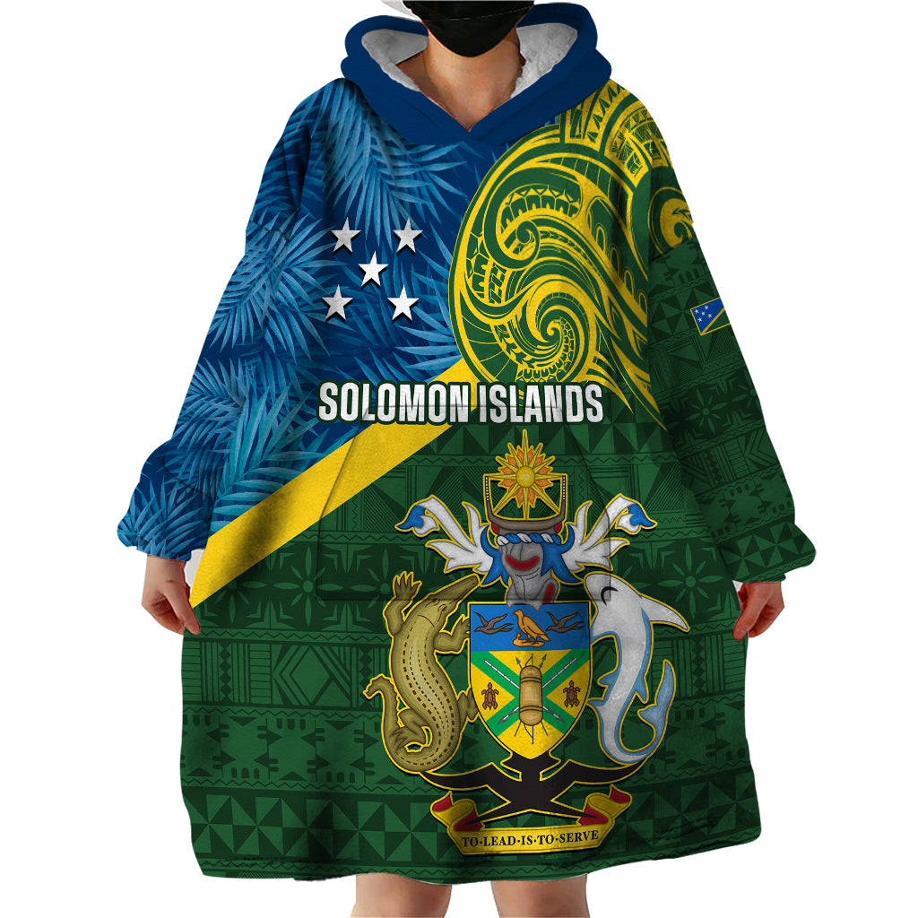 Personalised Solomon Islands Wearable Blanket Hoodie Tropical Leaves With Melanesian Pattern LT14 - Polynesian Pride