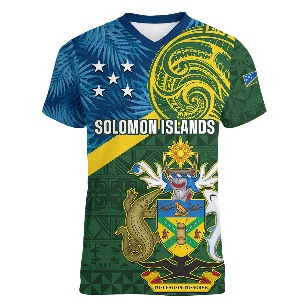 Personalised Solomon Islands Women V Neck T Shirt Tropical Leaves With Melanesian Pattern LT14 Female Green - Polynesian Pride