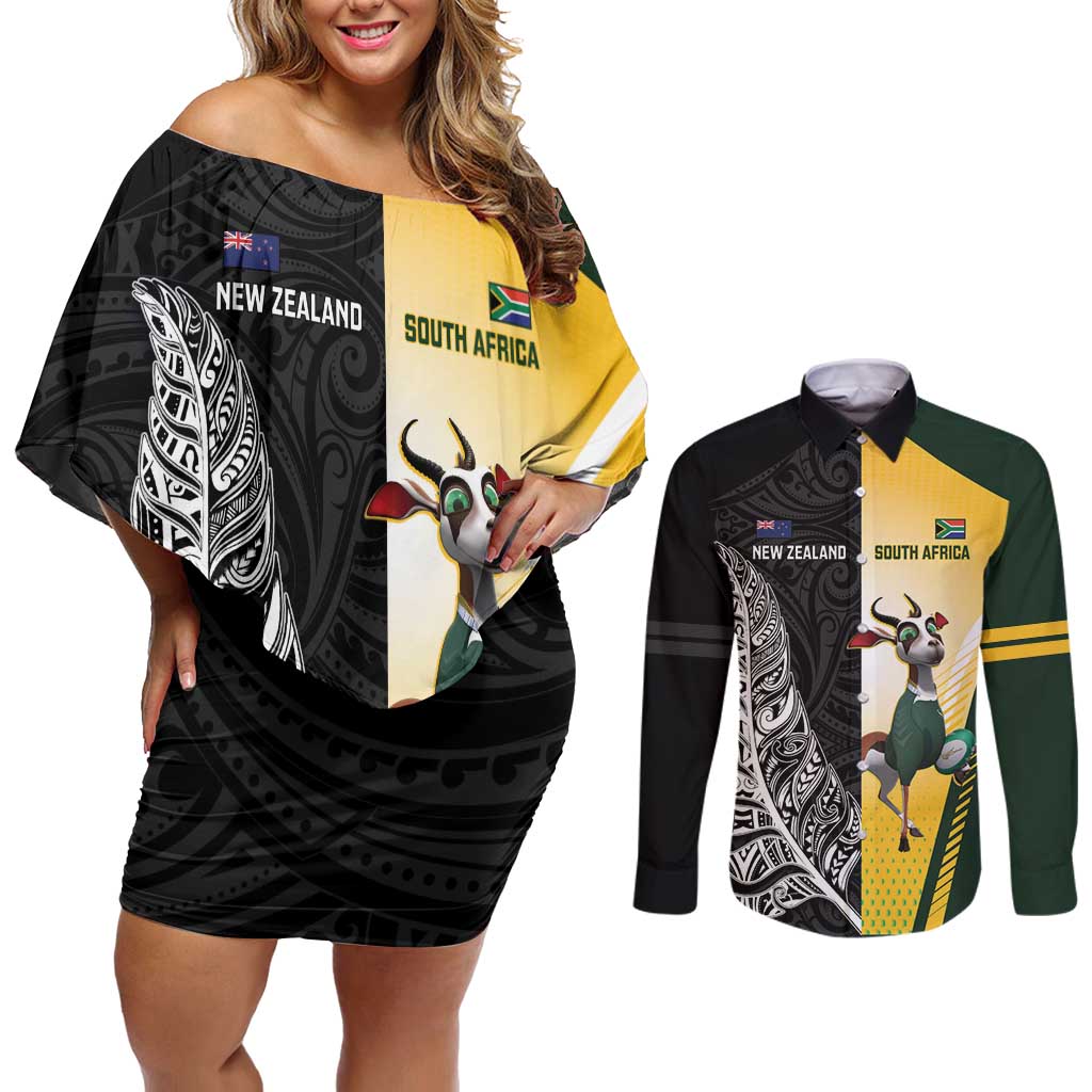 New Zealand and South Africa Rugby Custom Couples Matching Off Shoulder Short Dress and Long Sleeve Button Shirt Maori Silver Fern Springbok Together - Polynesian Pride