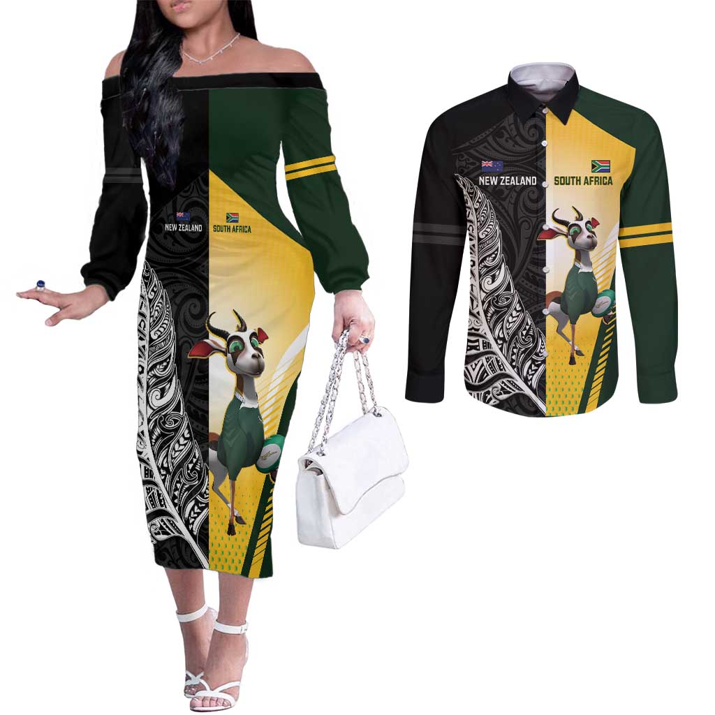 New Zealand and South Africa Rugby Custom Couples Matching Off The Shoulder Long Sleeve Dress and Long Sleeve Button Shirt Maori Silver Fern Springbok Together - Polynesian Pride