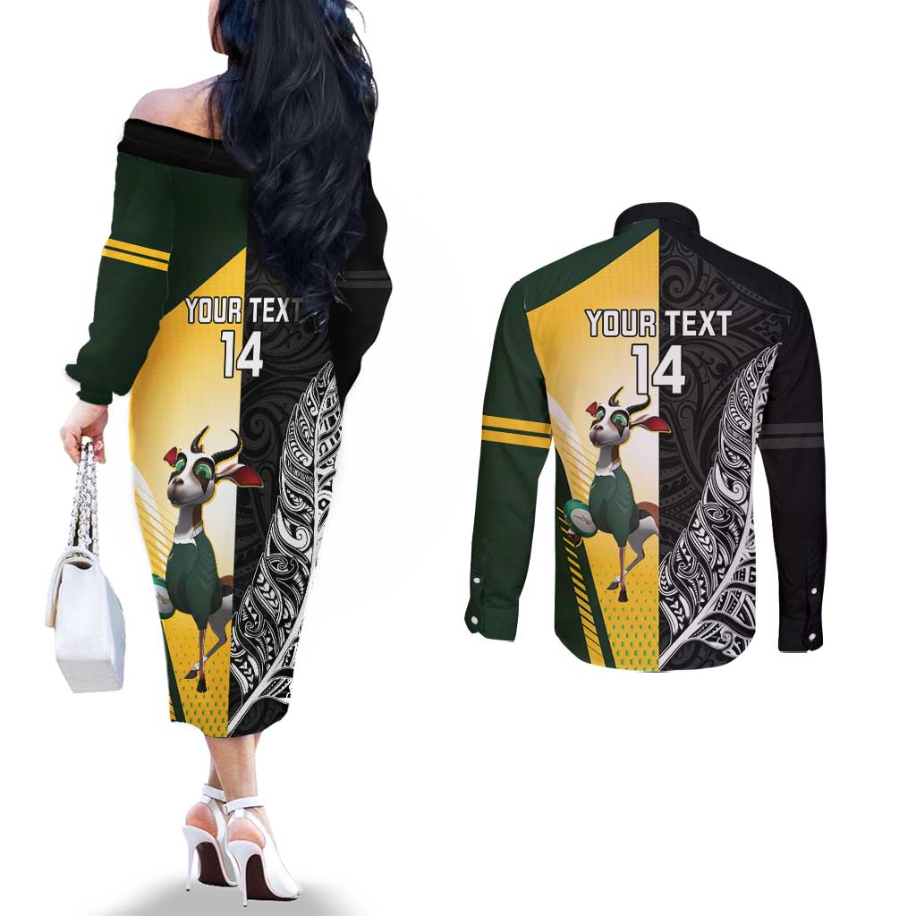 New Zealand and South Africa Rugby Custom Couples Matching Off The Shoulder Long Sleeve Dress and Long Sleeve Button Shirt Maori Silver Fern Springbok Together - Polynesian Pride