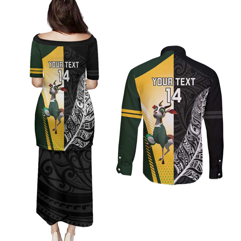 New Zealand and South Africa Rugby Custom Couples Matching Puletasi and Long Sleeve Button Shirt Maori Silver Fern Springbok Together - Polynesian Pride