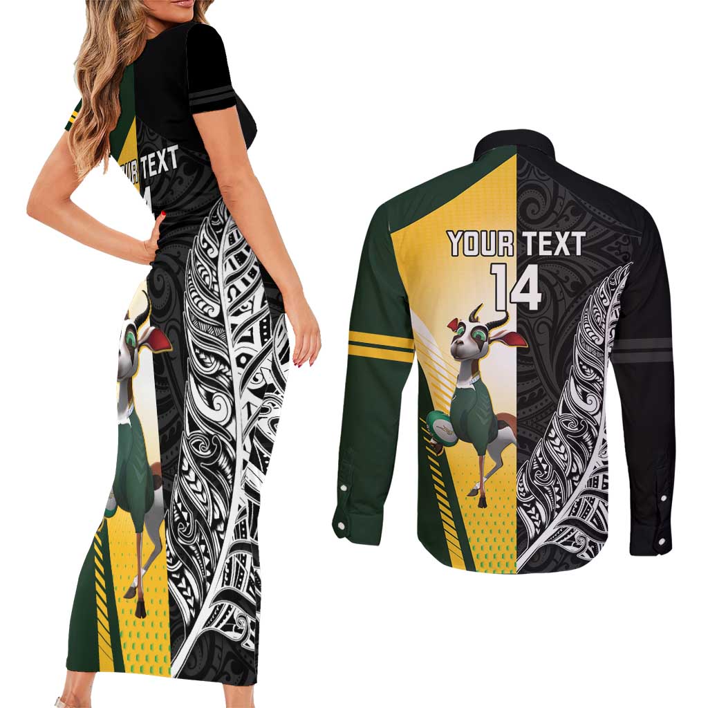 New Zealand and South Africa Rugby Custom Couples Matching Short Sleeve Bodycon Dress and Long Sleeve Button Shirt Maori Silver Fern Springbok Together - Polynesian Pride