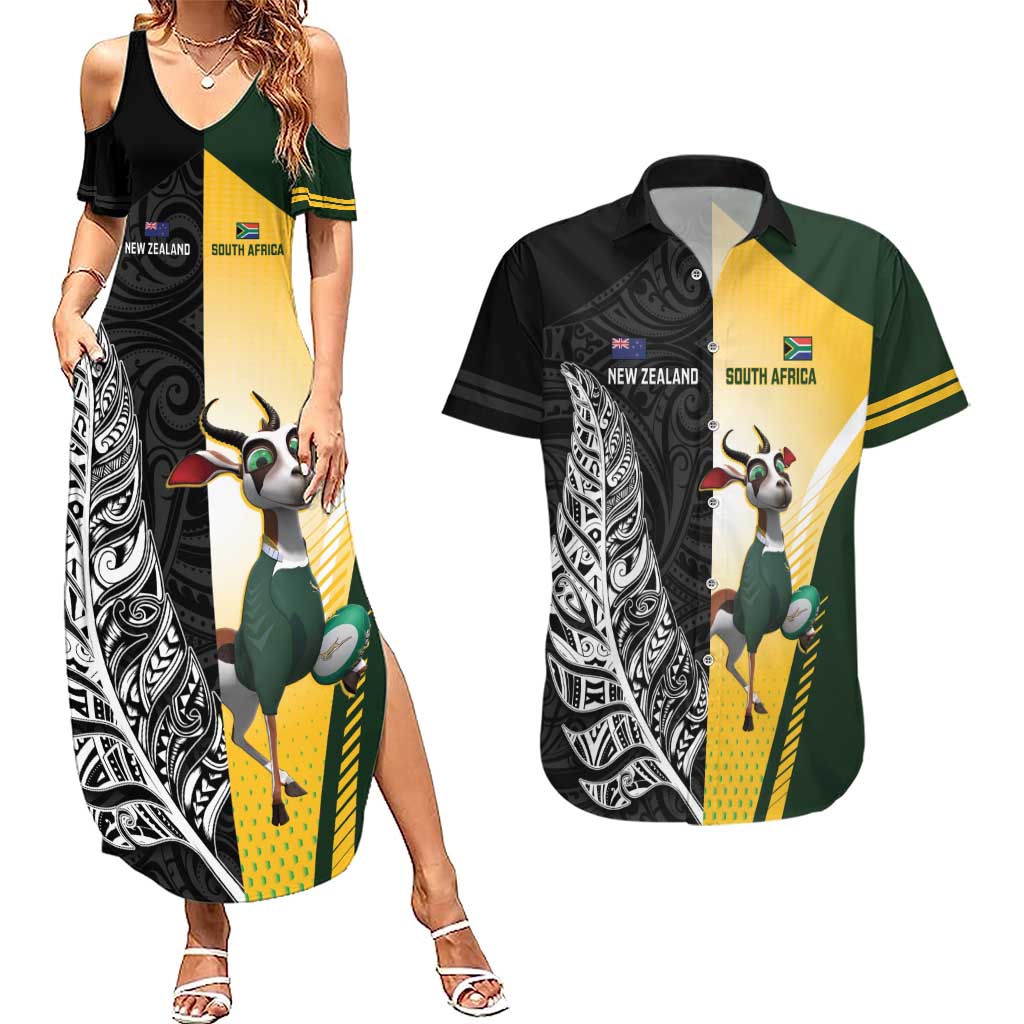 New Zealand and South Africa Rugby Custom Couples Matching Summer Maxi Dress and Hawaiian Shirt Maori Silver Fern Springbok Together - Polynesian Pride