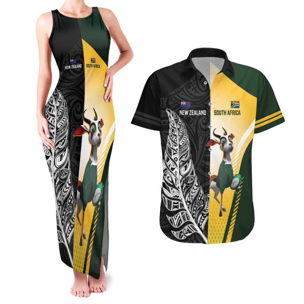 New Zealand and South Africa Rugby Custom Couples Matching Tank Maxi Dress and Hawaiian Shirt Maori Silver Fern Springbok Together - Polynesian Pride
