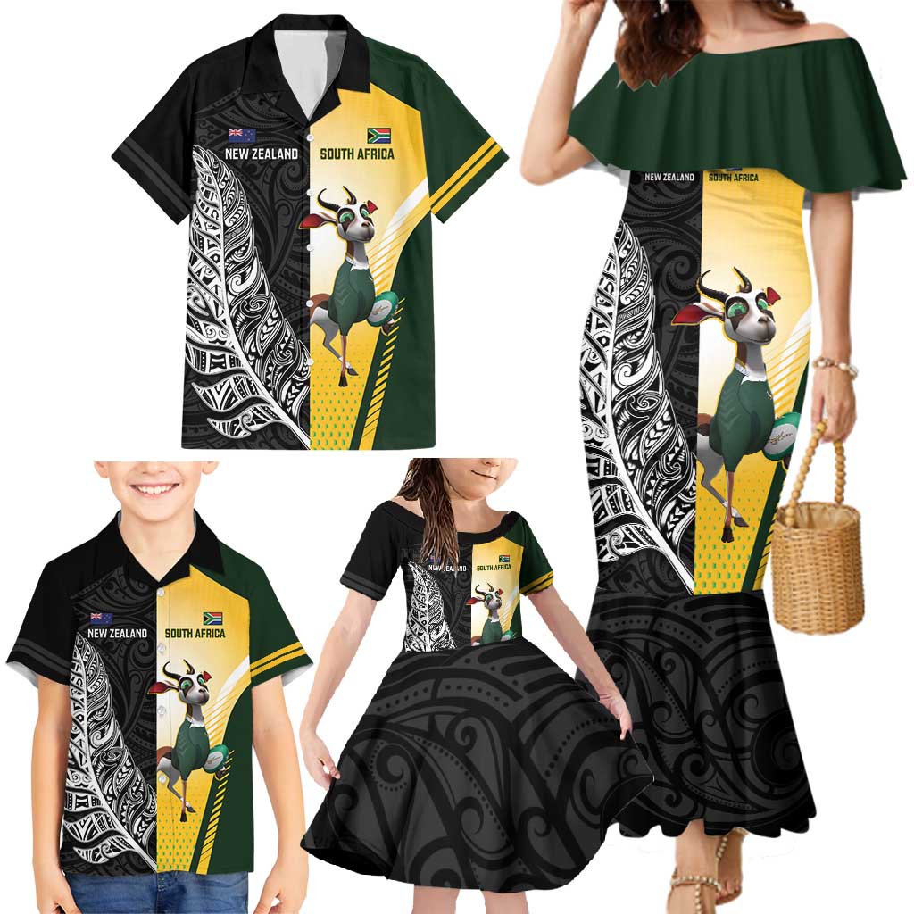 New Zealand and South Africa Rugby Custom Family Matching Mermaid Dress and Hawaiian Shirt Maori Silver Fern Springbok Together - Polynesian Pride