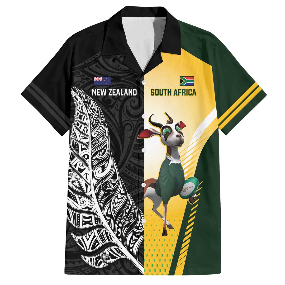New Zealand and South Africa Rugby Custom Family Matching Off The Shoulder Long Sleeve Dress and Hawaiian Shirt Maori Silver Fern Springbok Together - Polynesian Pride