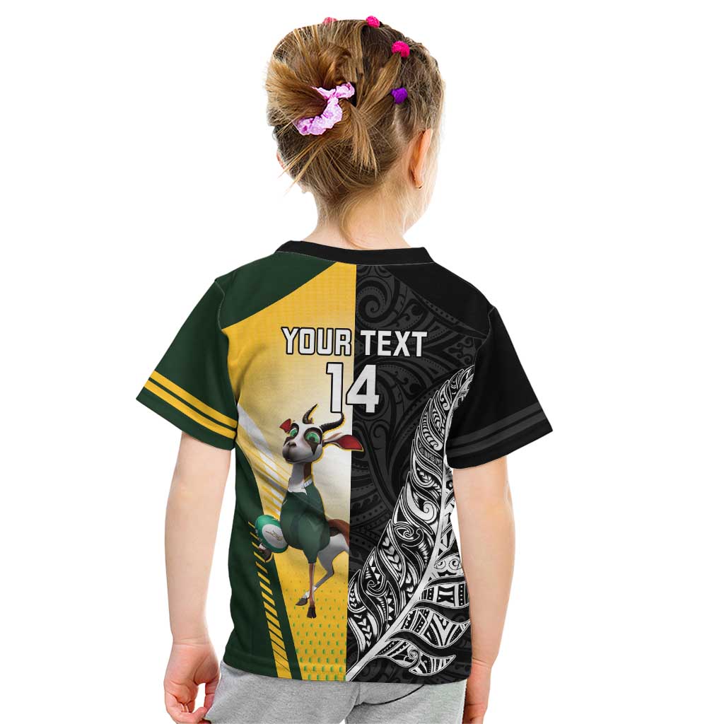New Zealand and South Africa Rugby Custom Kid T Shirt Maori Silver Fern Springbok Together - Polynesian Pride