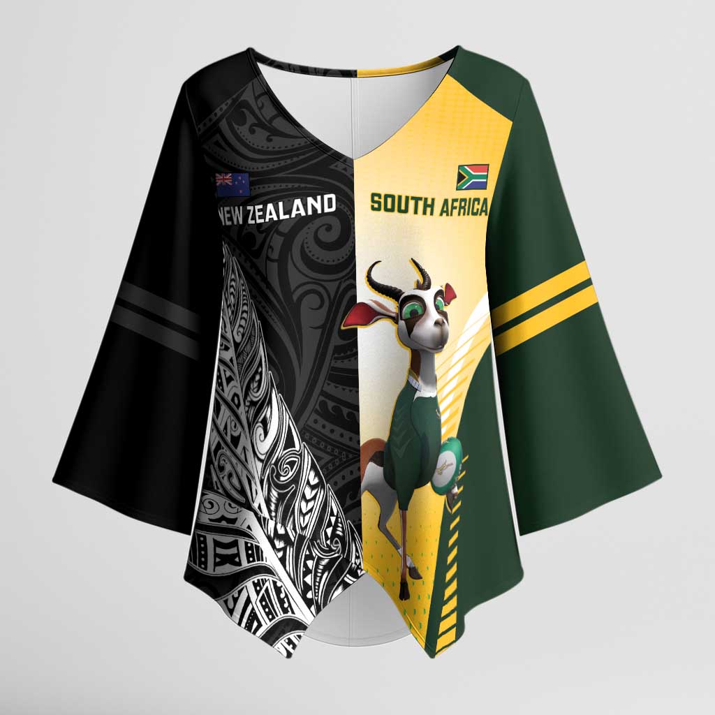 New Zealand and South Africa Rugby Custom Kimono Sleeve Blouse Maori Silver Fern Springbok Together - Polynesian Pride