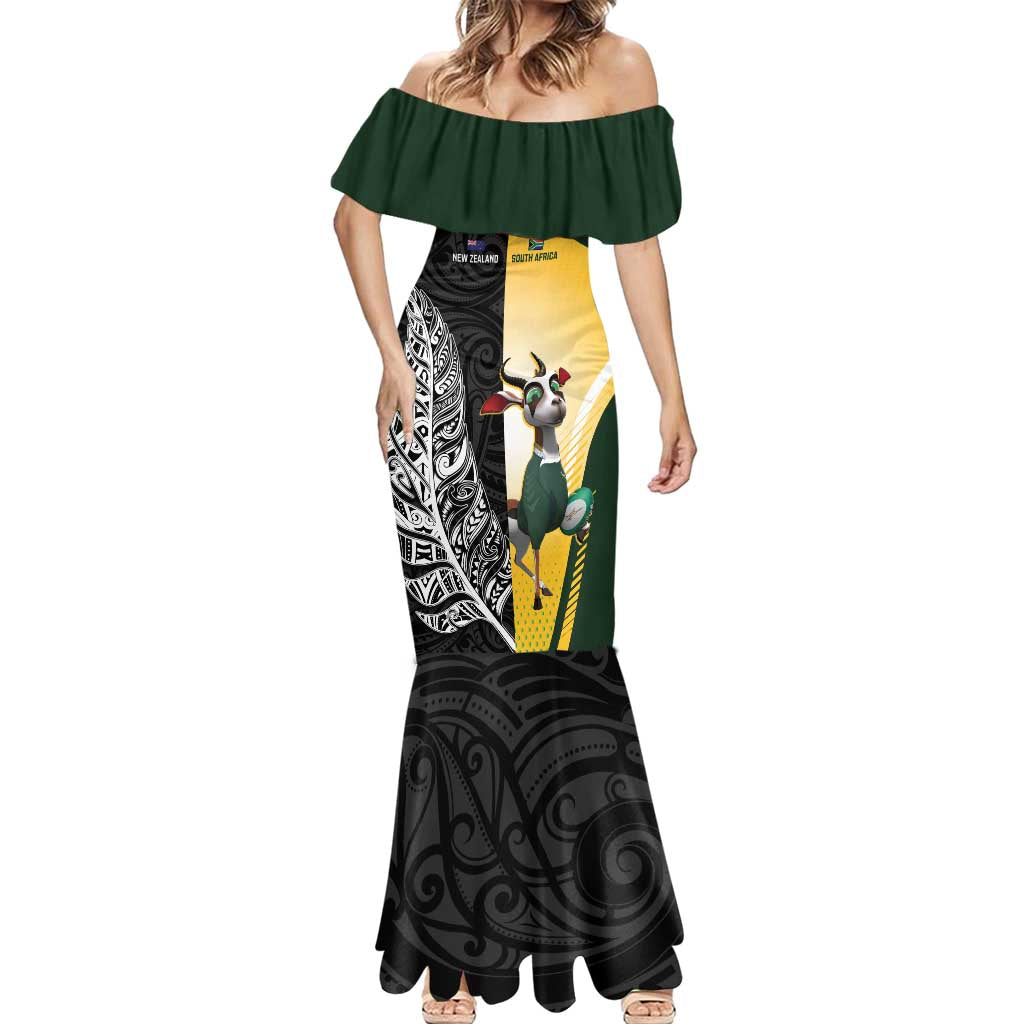 New Zealand and South Africa Rugby Custom Mermaid Dress Maori Silver Fern Springbok Together - Polynesian Pride