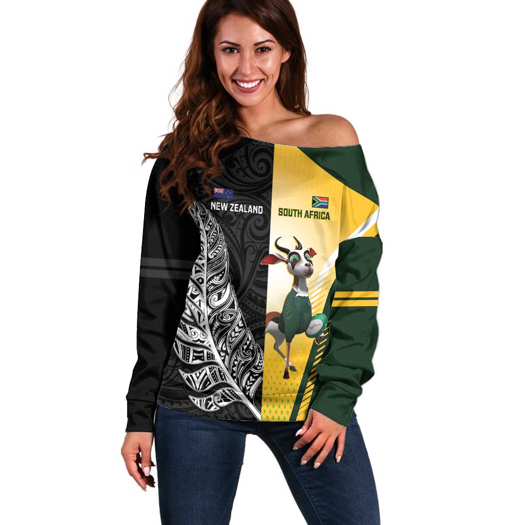 New Zealand and South Africa Rugby Custom Off Shoulder Sweater Maori Silver Fern Springbok Together - Polynesian Pride